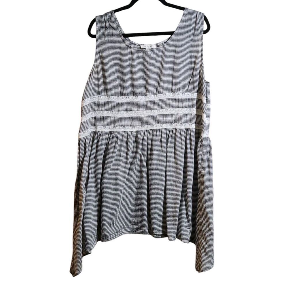 Simply Noelle Woman Boho Gray White Lace Striped Cotton Tunic Tank Plus Size XXL